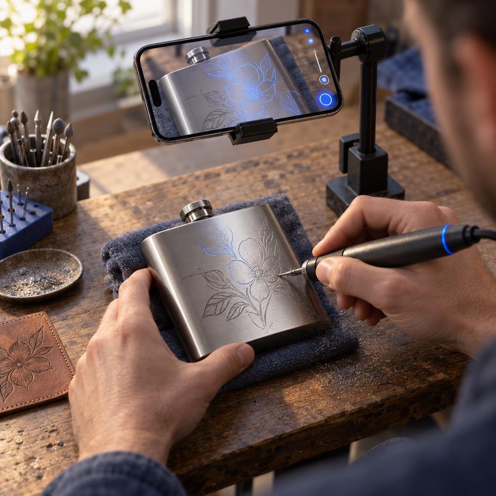 Warm editorial photo: close-up of two hands at a wooden workbench, one steadying a small stainless steel flask propped…