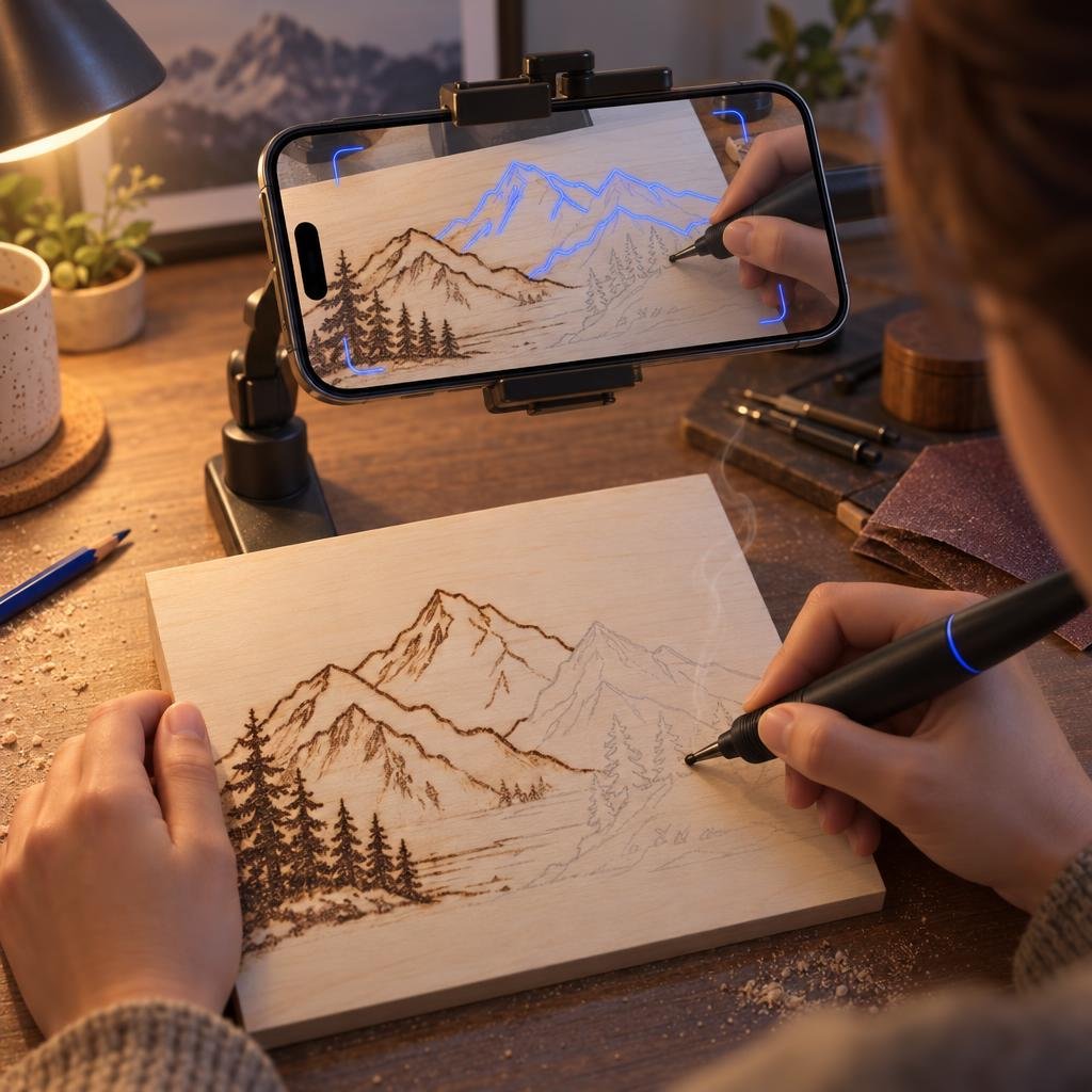 Warm semi-realistic illustration: close-up of hands holding a wood-burning pen, tracing a pencilled mountain-line desig…