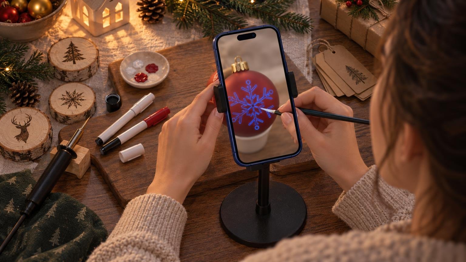Overhead photo of a craft table at Christmas: a woman's hands paint a white snowflake pattern on a matte red bauble res…