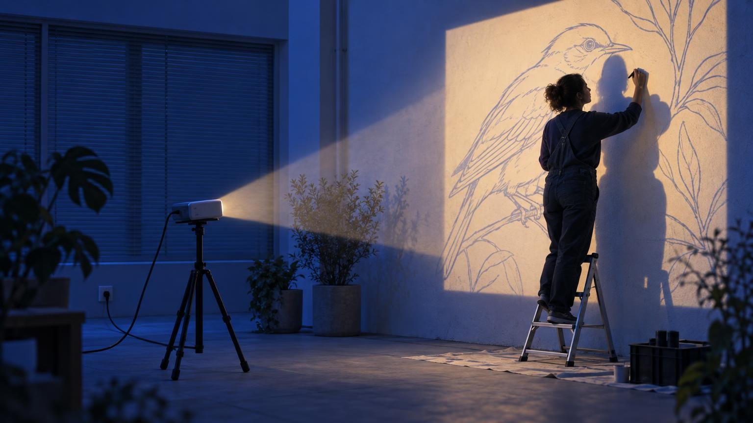 An photo: a muralist on a short stepladder tracing a projected line drawing of a bird onto a large outdoor wall with a…