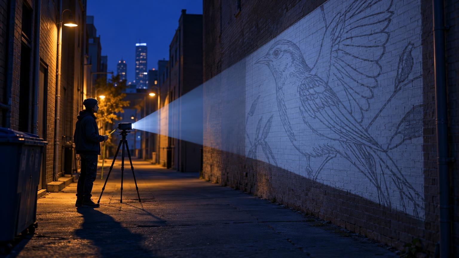 Night-time photo, a narrow city alley seen from the side, a muralist standing beside a tripod-mounted projector several…