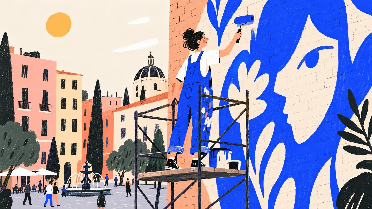 Editorial photo: a young muralist on a scaffold halfway up a tall brick wall in a sunny city square, rolling a bold col…
