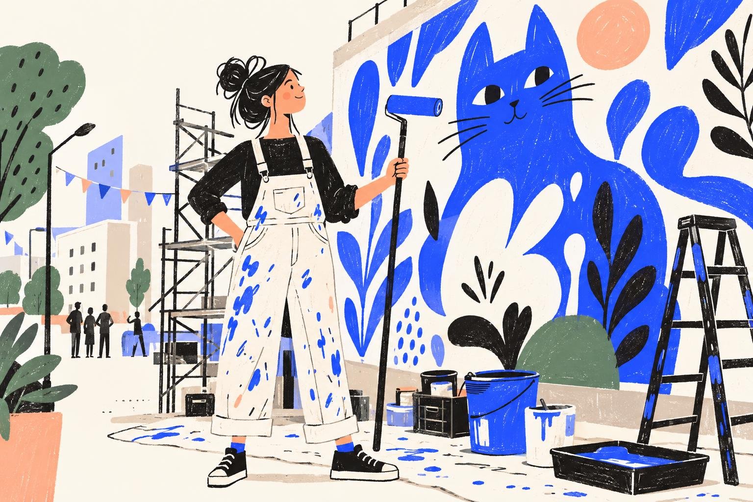 Documentary-style photo of a mural festival work site at mid-morning: a woman artist in paint-spattered overalls stands…